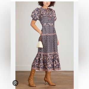 SEA New York NWT Jasper Border Puff Sleeve Belted Dress in Marine XS